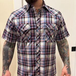 western short sleeved plaid with pearl snap buttons XL